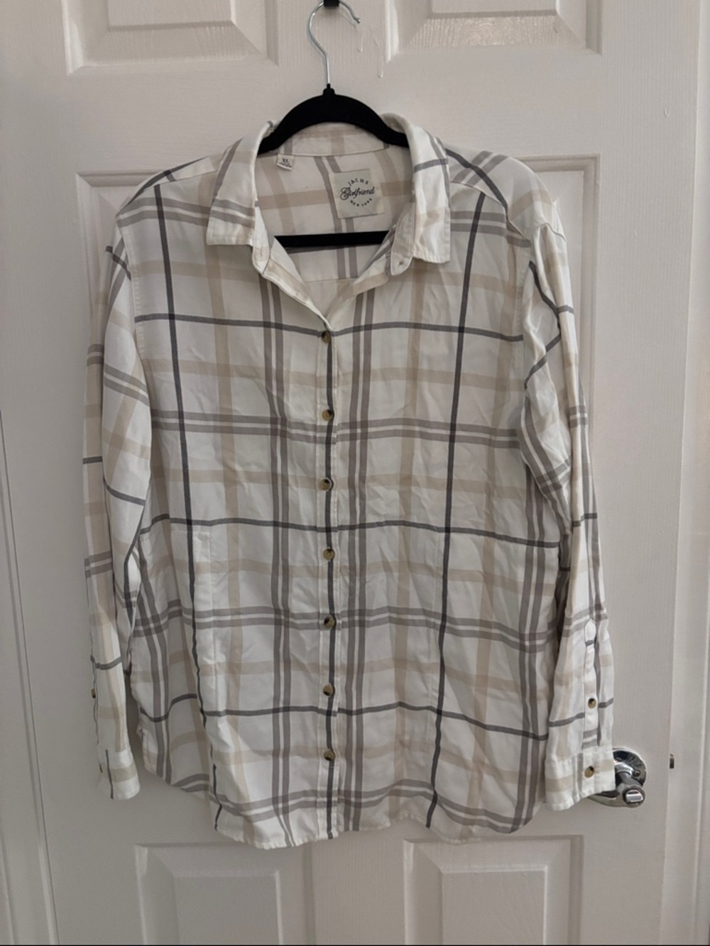 JACHS Girlfriend Cream, Beige & Gray Plaid Button-Down Shirt